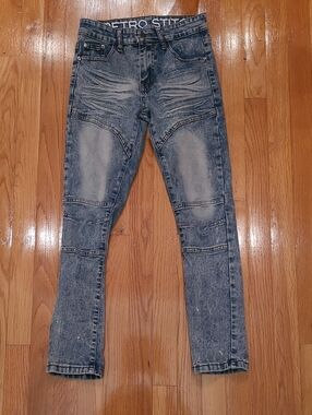 Retro Stitch Boy's Acid Washed Blue Moto Skinny Jeans - Size - 12